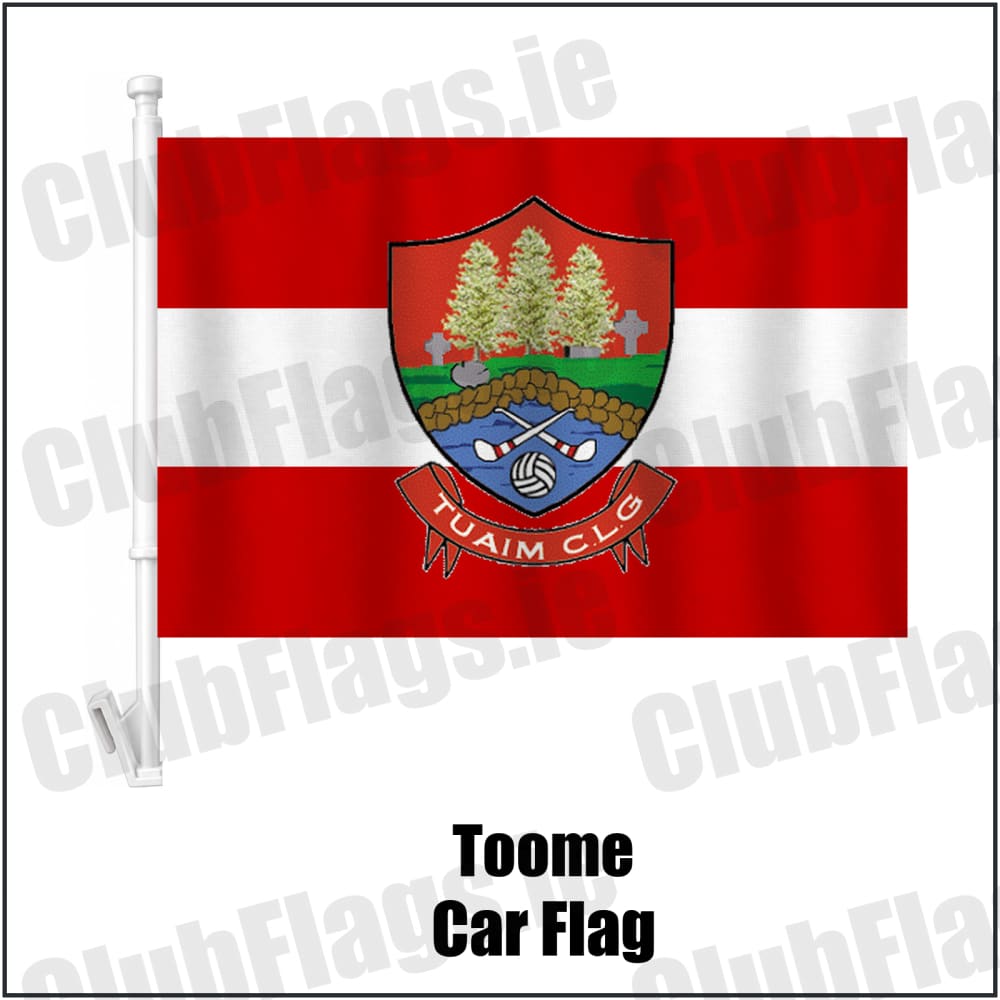 Toome Car Flag in red and white, featuring the club crest on realistic fabric with gentle vertical folds; County Monaghan GAA. ClubFlags.ie.