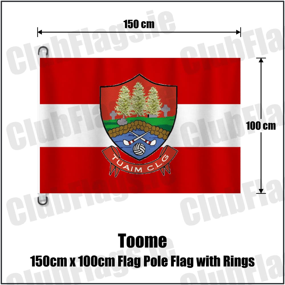 Toome 150cm x 100cm Flag Pole Flag with Rings in red and white, featuring the club crest on realistic fabric with gentle vertical folds; County Monaghan GAA. ClubFlags.ie.