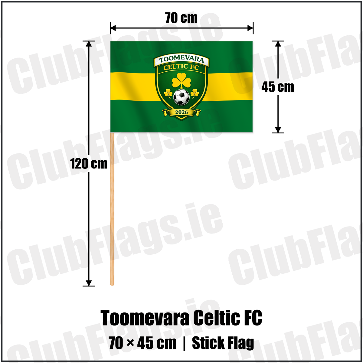 Toomevara Celtic FC 45cm x 70cm Stick Flag with the club crest and colours, Tipperary Football - ClubFlags.ie