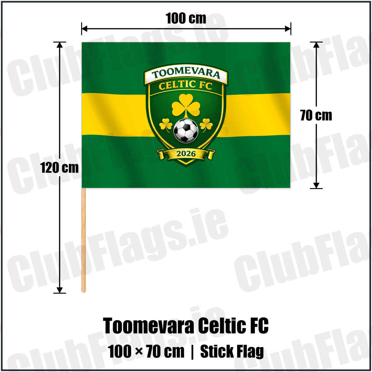 Toomevara Celtic FC 70cm x 100cm Stick Flag with the club crest and colours, Tipperary Football - ClubFlags.ie