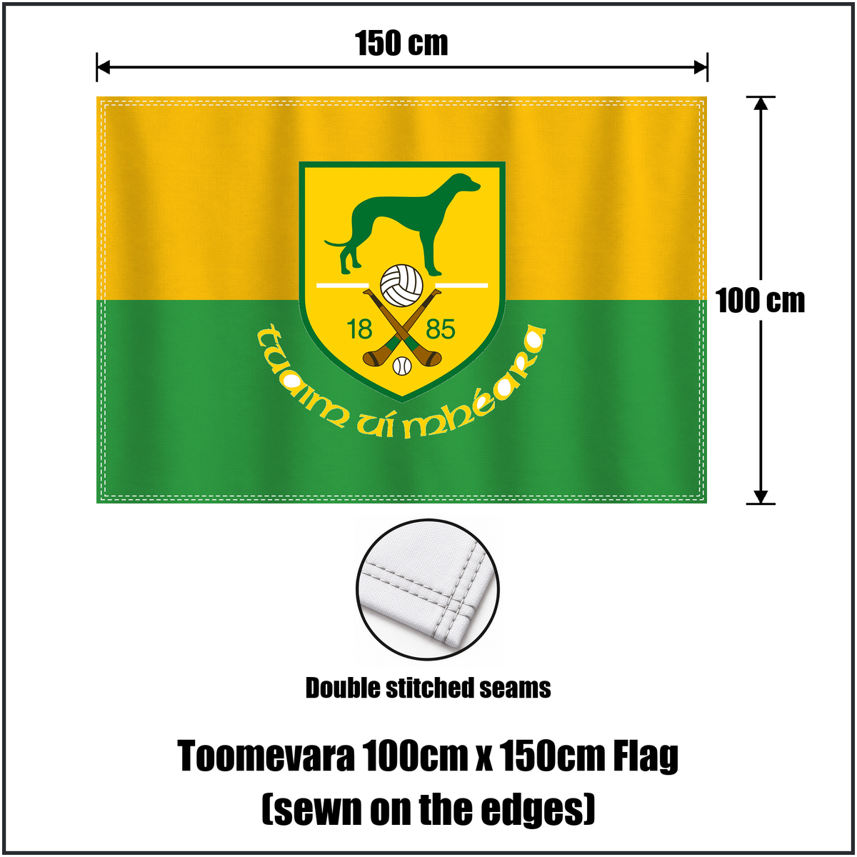 Toomevara 100cm x 150cm Flag (sewn on the edges), featuring the club crest and green and gold colours; County Tipperary GAA. ClubFlags.ie.