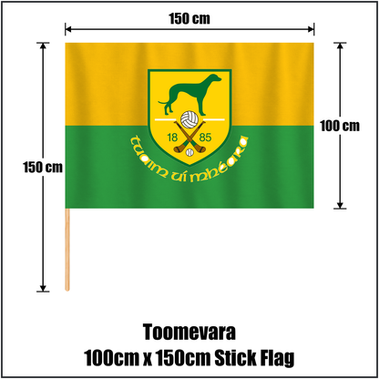 Toomevara 100cm x 150cm Stick Flag, featuring the club crest and green and gold colours; County Tipperary GAA. ClubFlags.ie.