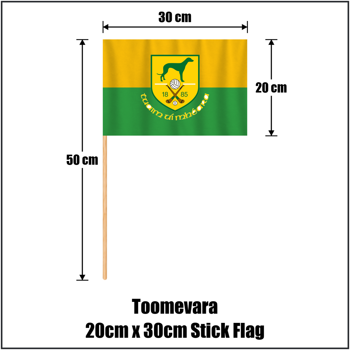 Toomevara 20cm x 30cm Stick Flag, featuring the club crest and green and gold colours; County Tipperary GAA. ClubFlags.ie.