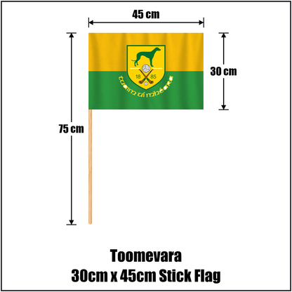 Toomevara 30cm x 45cm Stick Flag, featuring the club crest and green and gold colours; County Tipperary GAA. ClubFlags.ie.