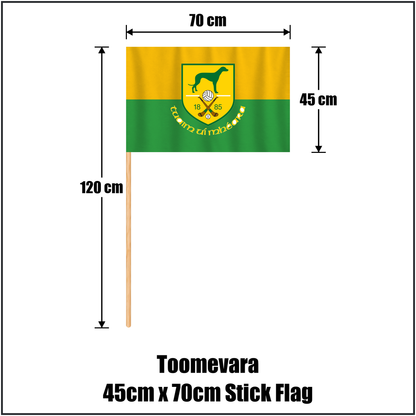 Toomevara 45cm x 70cm Stick Flag, featuring the club crest and green and gold colours; County Tipperary GAA. ClubFlags.ie.
