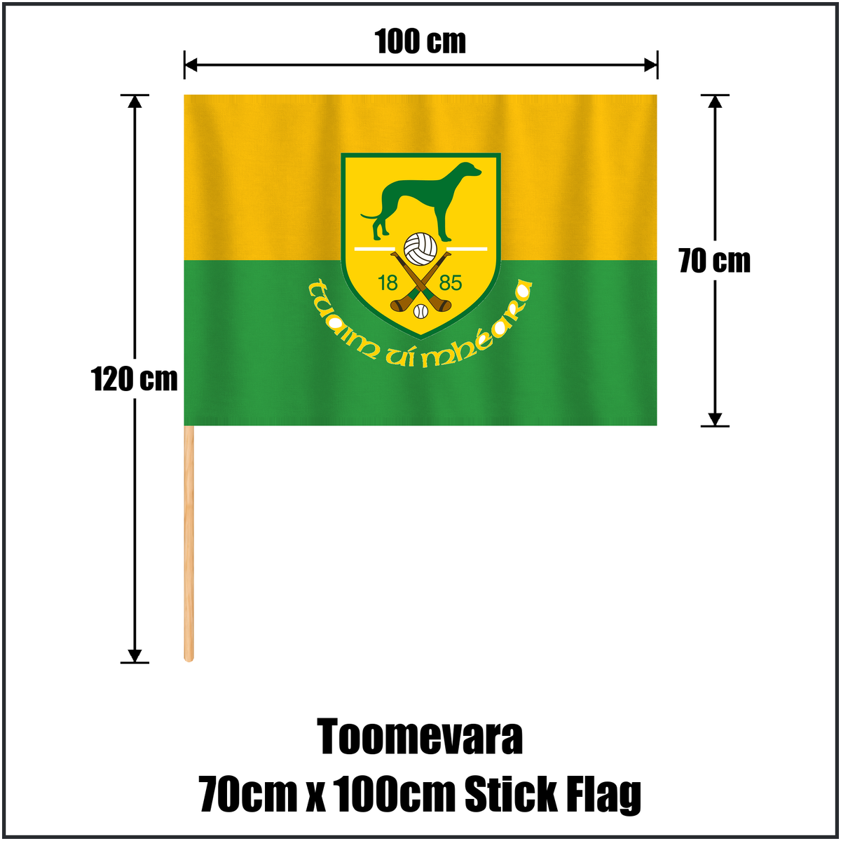 Toomevara 70cm x 100cm Stick Flag, featuring the club crest and green and gold colours; County Tipperary GAA. ClubFlags.ie.
