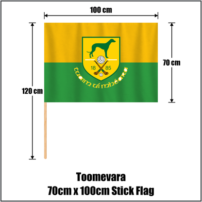 Toomevara 70cm x 100cm Stick Flag, featuring the club crest and green and gold colours; County Tipperary GAA. ClubFlags.ie.