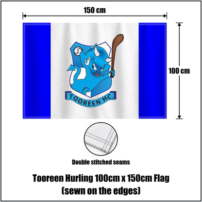 Tooreen Hurling 100cm x 150cm Flag (sewn on the edges), featuring the club crest and blue and white colours; County Mayo GAA. ClubFlags.ie.