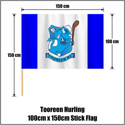 Tooreen Hurling 100cm x 150cm Stick Flag, featuring the club crest and blue and white colours; County Mayo GAA. ClubFlags.ie.