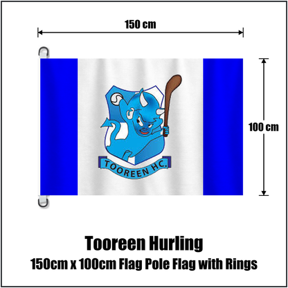 Tooreen Hurling 150cm x 100cm Flag Pole Flag with Rings, featuring the club crest and blue and white colours; County Mayo GAA. ClubFlags.ie.