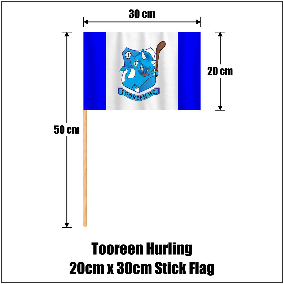 Tooreen Hurling 20cm x 30cm Stick Flag, featuring the club crest and blue and white colours; County Mayo GAA. ClubFlags.ie.