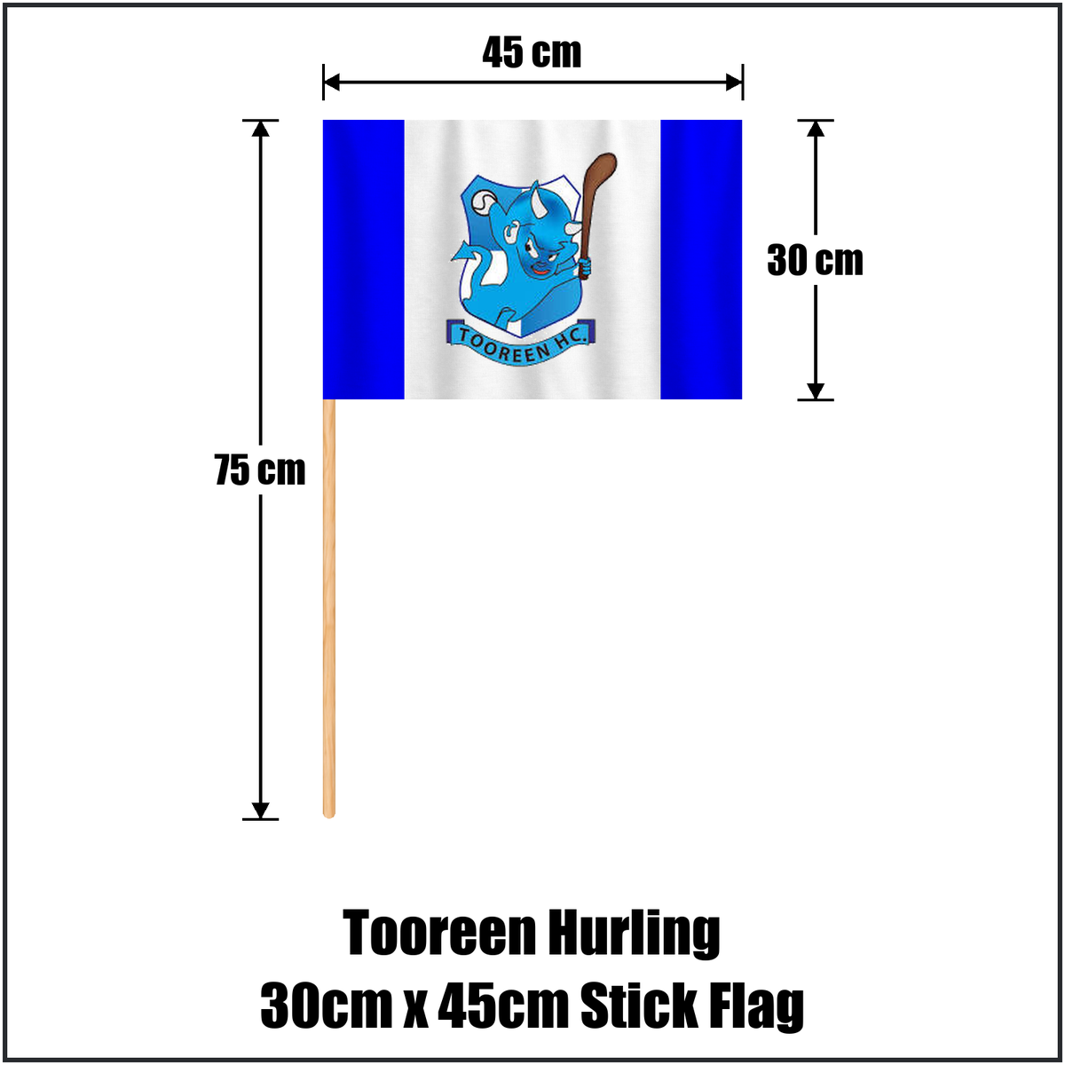 Tooreen Hurling 30cm x 45cm Stick Flag, featuring the club crest and blue and white colours; County Mayo GAA. ClubFlags.ie.
