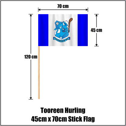 Tooreen Hurling 45cm x 70cm Stick Flag, featuring the club crest and blue and white colours; County Mayo GAA. ClubFlags.ie.