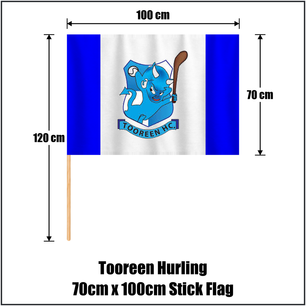 Tooreen Hurling 70cm x 100cm Stick Flag, featuring the club crest and blue and white colours; County Mayo GAA. ClubFlags.ie.