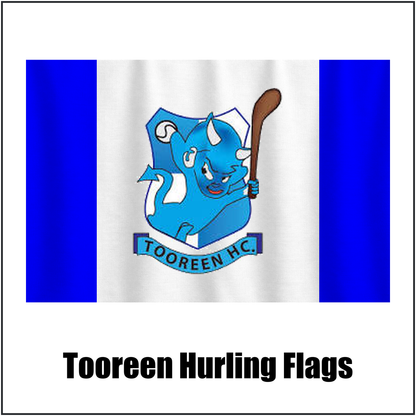 Tooreen Hurling Flags, featuring the club crest and blue and white colours; County Mayo GAA. ClubFlags.ie.