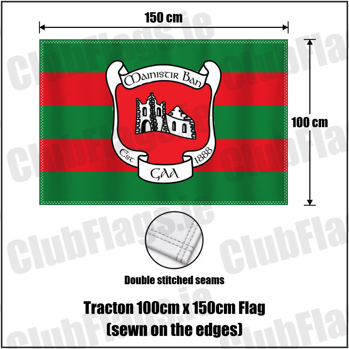 Tracton 100cm x 150cm Flag (sewn on the edges), featuring the club crest and green and red colours; County Cork GAA. ClubFlags.ie.