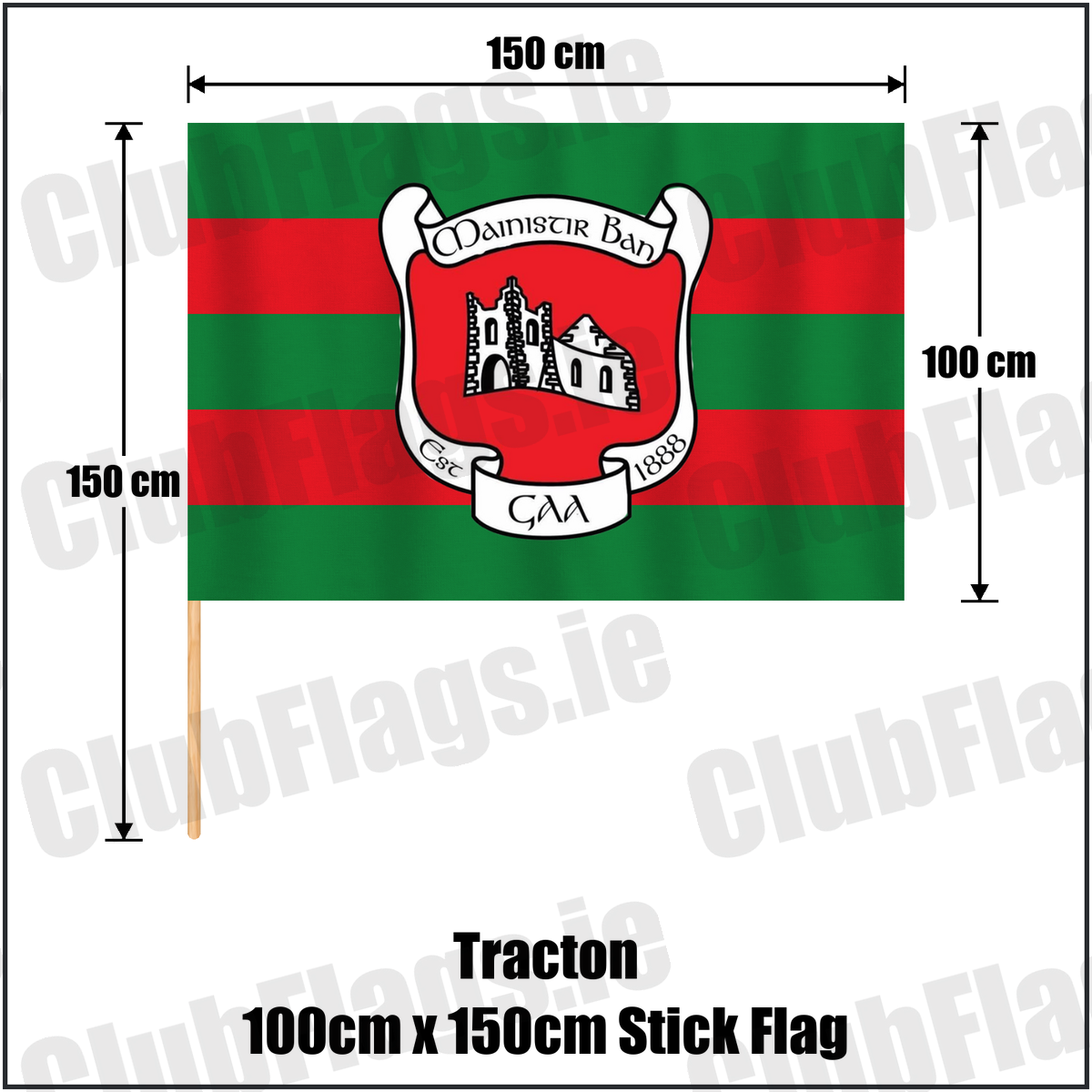 Tracton 100cm x 150cm Stick Flag, featuring the club crest and green and red colours; County Cork GAA. ClubFlags.ie.