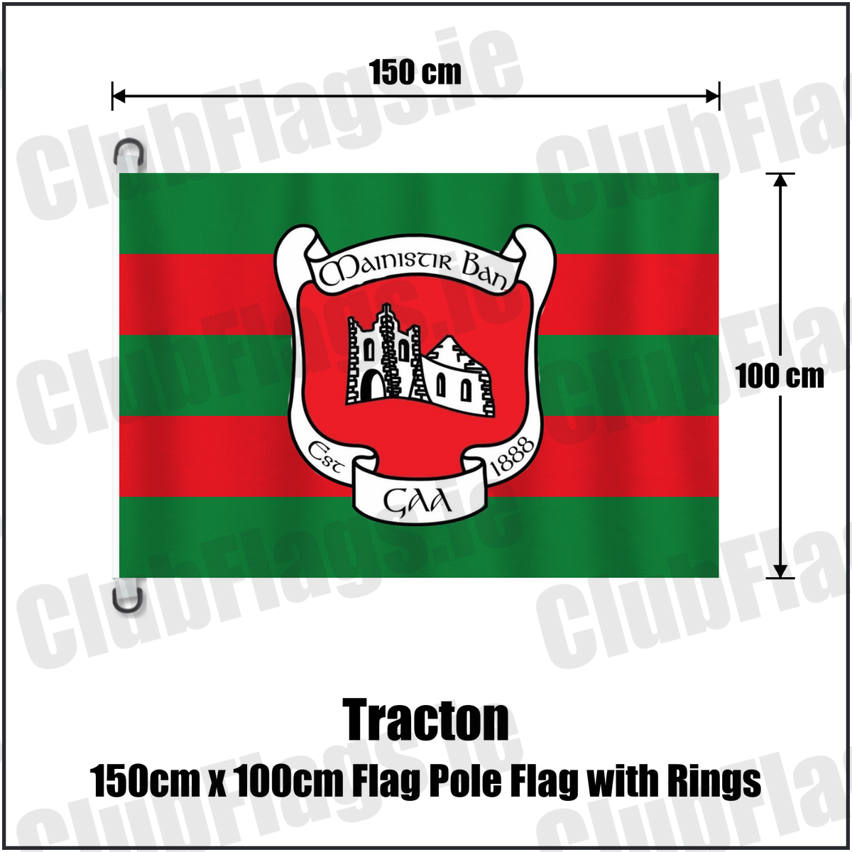 Tracton 150cm x 100cm Flag Pole Flag with Rings, featuring the club crest and green and red colours; County Cork GAA. ClubFlags.ie.