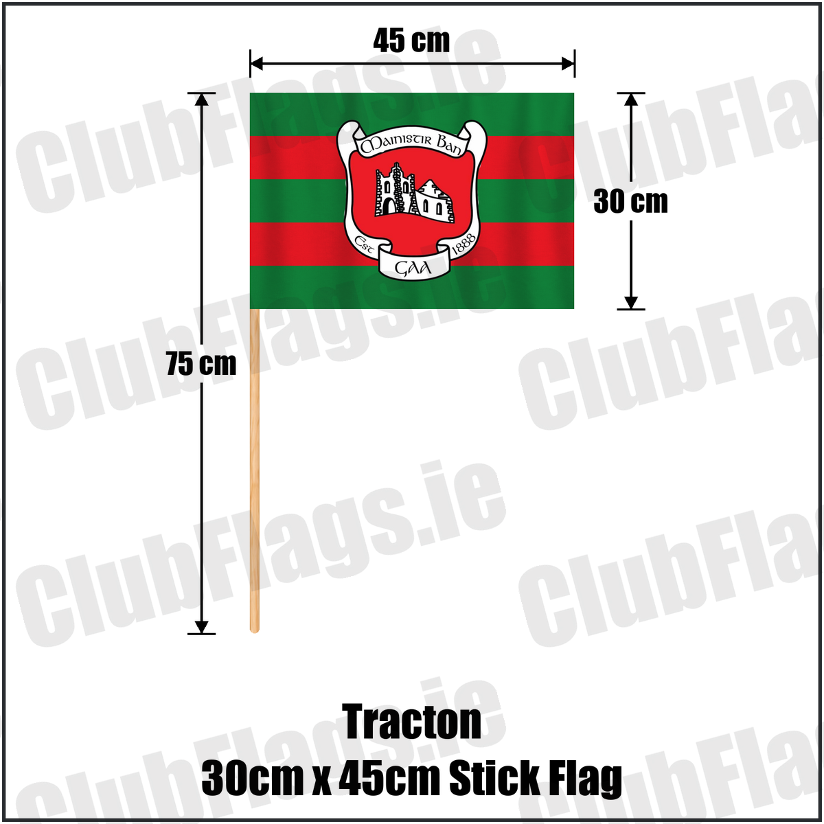 Tracton 30cm x 45cm Stick Flag, featuring the club crest and green and red colours; County Cork GAA. ClubFlags.ie.