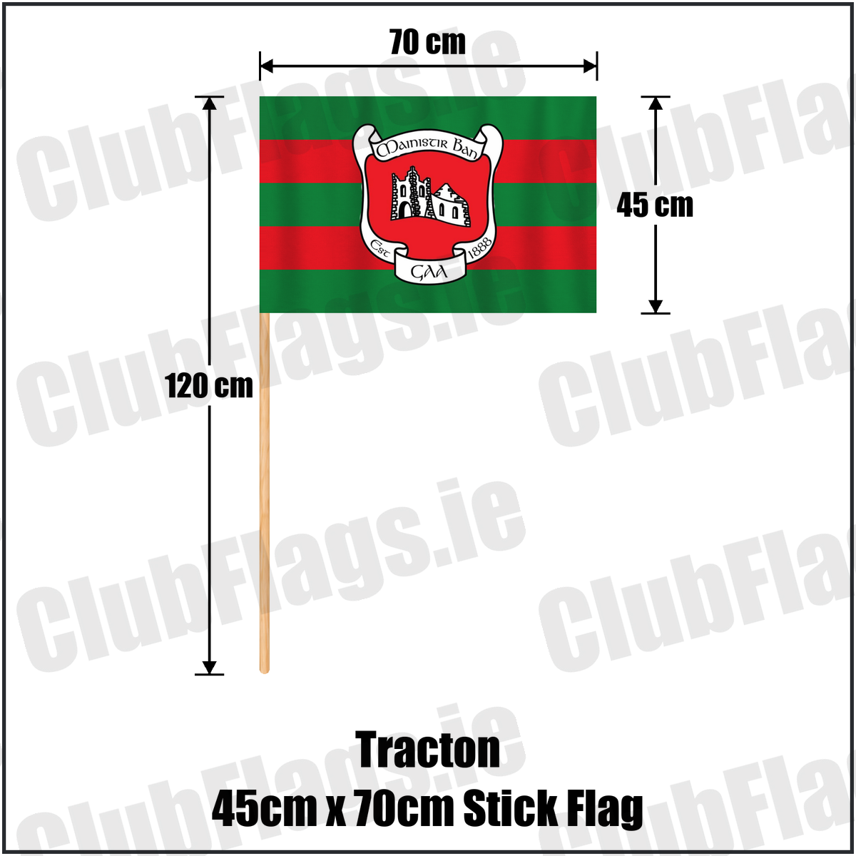Tracton 45cm x 70cm Stick Flag, featuring the club crest and green and red colours; County Cork GAA. ClubFlags.ie.