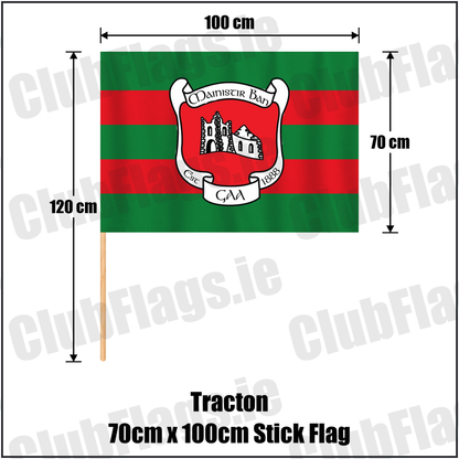 Tracton 70cm x 100cm Stick Flag, featuring the club crest and green and red colours; County Cork GAA. ClubFlags.ie.