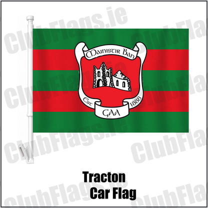 Tracton Car Flag, featuring the club crest and green and red colours; County Cork GAA. ClubFlags.ie.