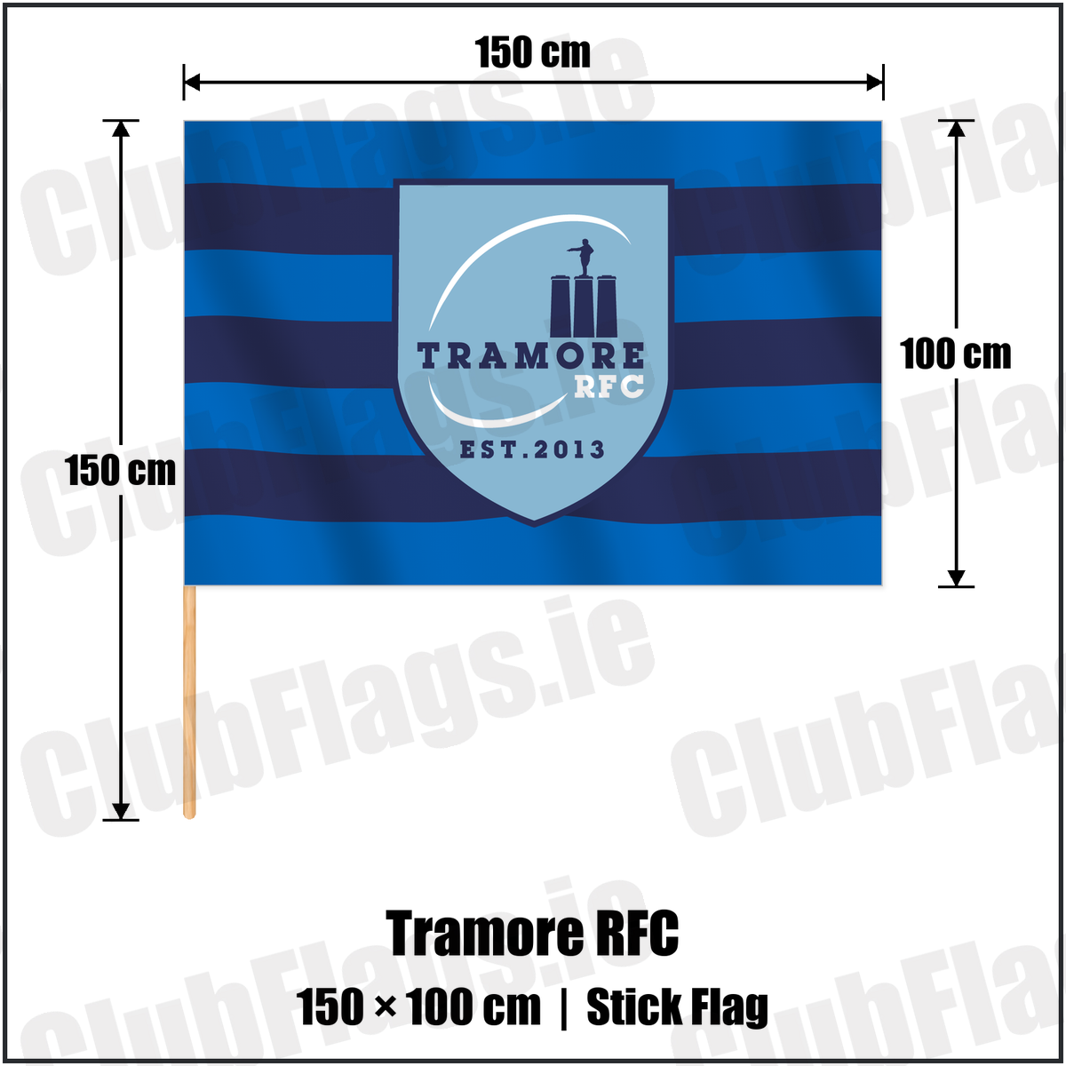 Tramore RFC 100cm x 150cm Stick Flag with the club crest and colours, Waterford Rugby - ClubFlags.ie