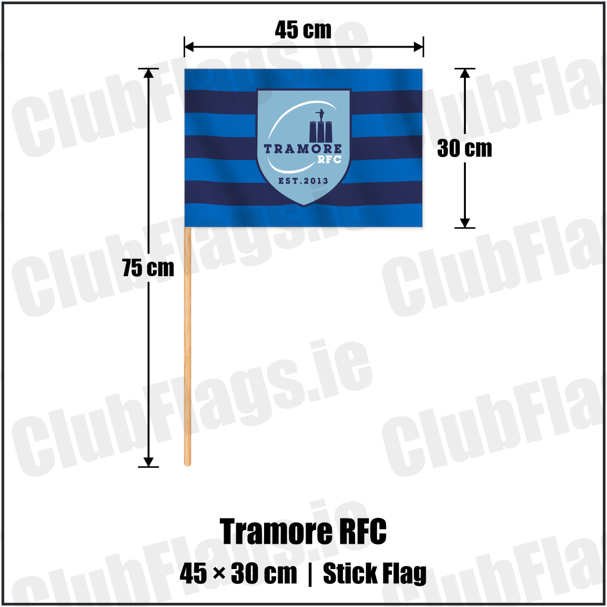 Tramore RFC 30cm x 45cm Stick Flag with the club crest and colours, Waterford Rugby - ClubFlags.ie
