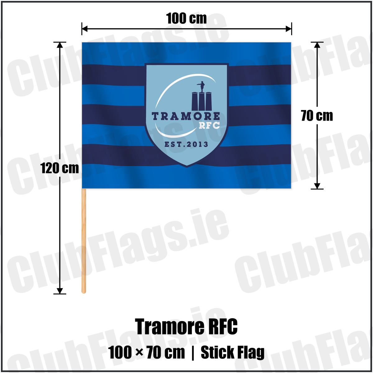 Tramore RFC 70cm x 100cm Stick Flag with the club crest and colours, Waterford Rugby - ClubFlags.ie