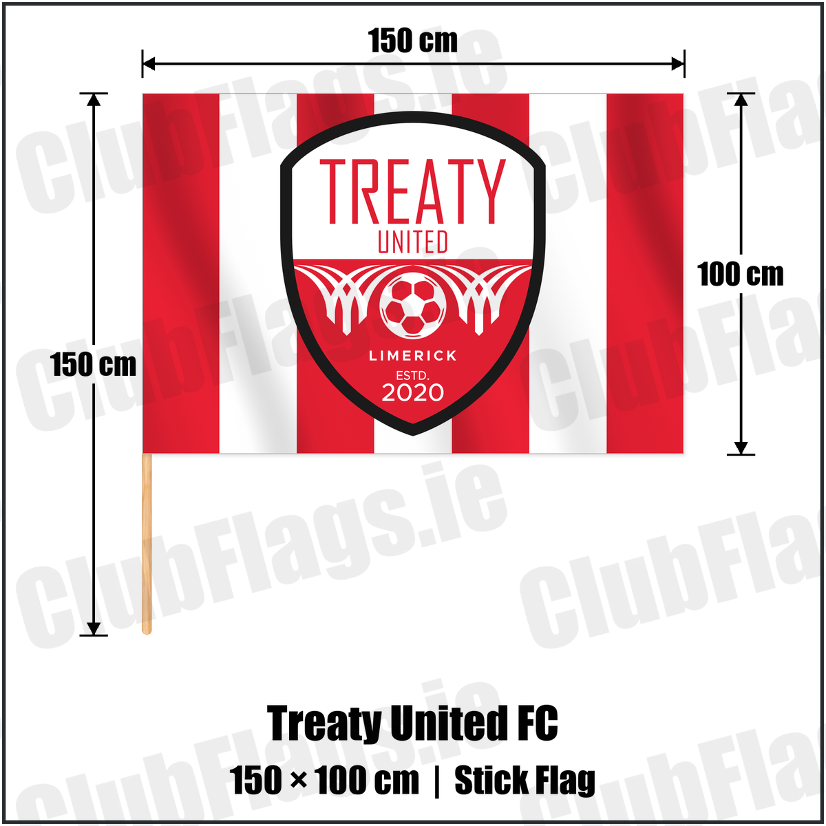 Treaty United FC 100cm x 150cm Stick Flag with the club crest and colours, Limerick Football - ClubFlags.ie
