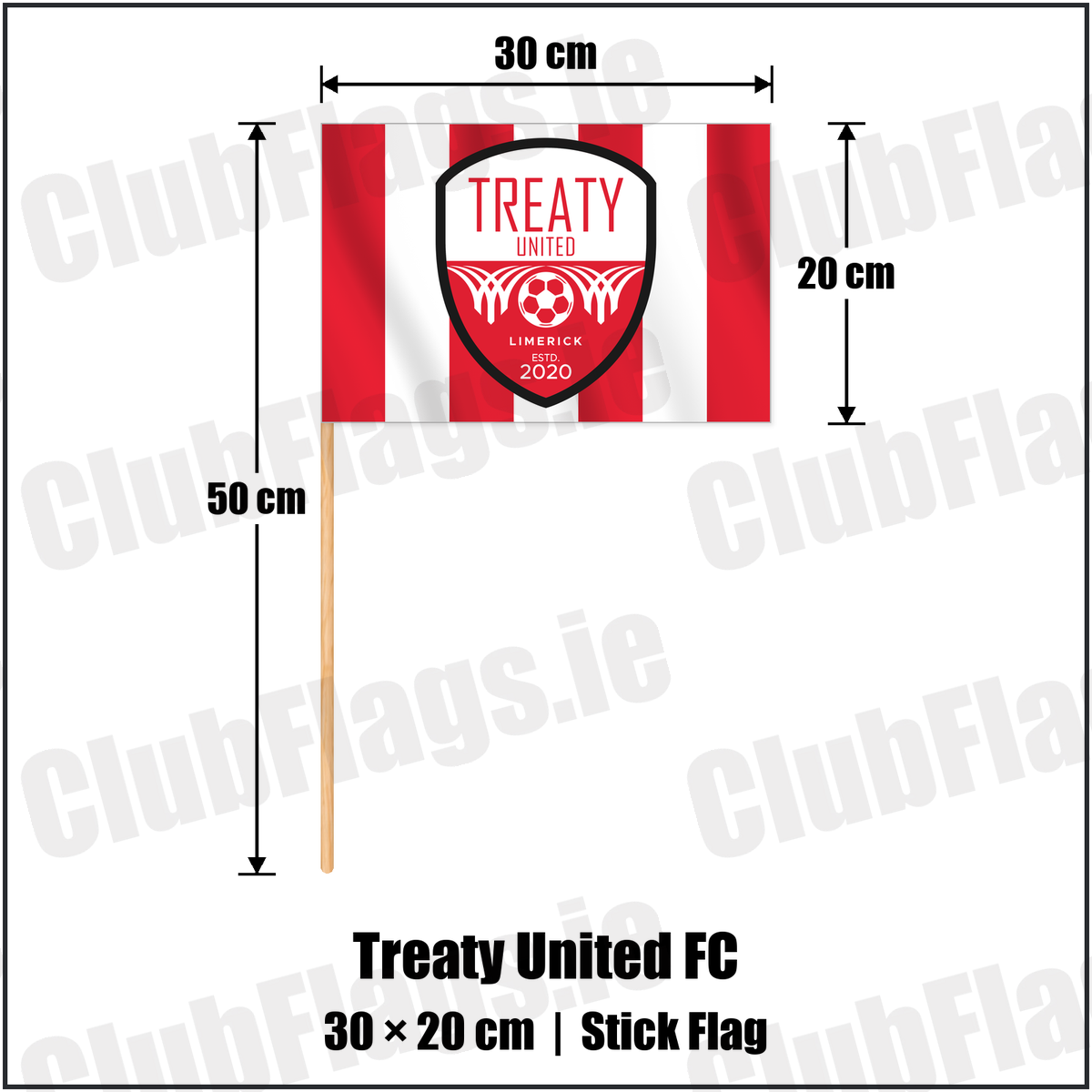 Treaty United FC 20cm x 30cm Stick Flag with the club crest and colours, Limerick Football - ClubFlags.ie