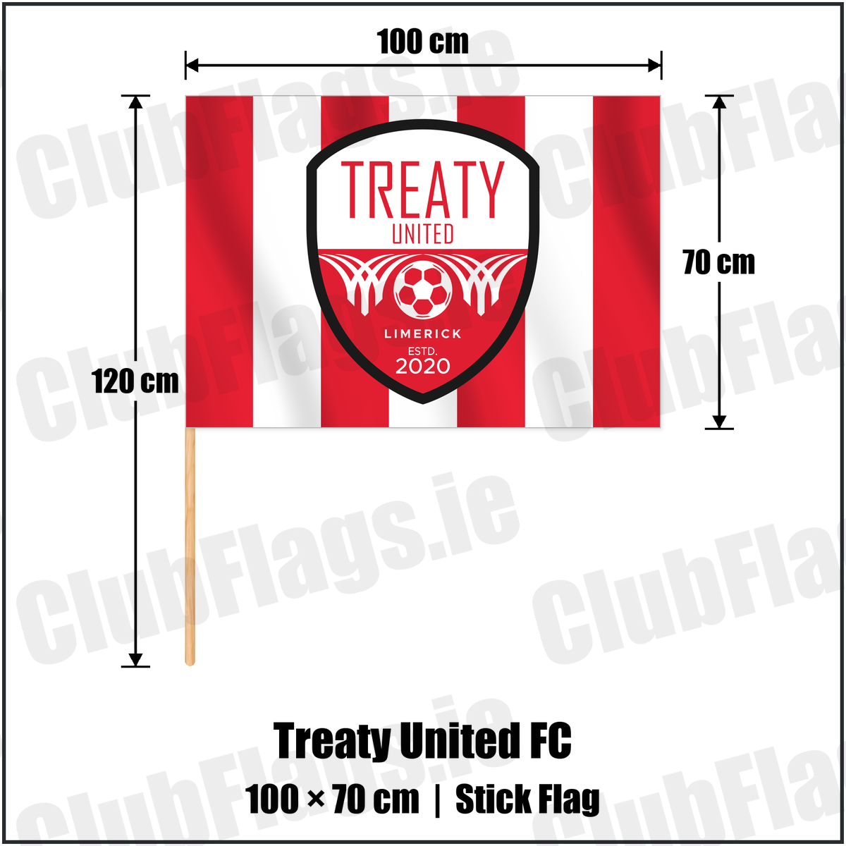 Treaty United FC 70cm x 100cm Stick Flag with the club crest and colours, Limerick Football - ClubFlags.ie