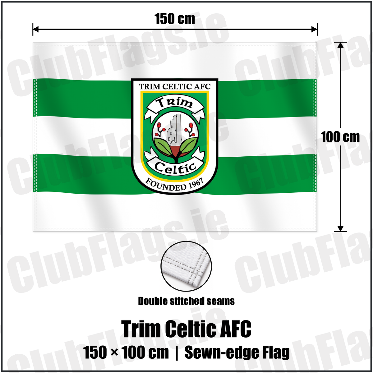Trim Celtic AFC 100cm x 150cm Flag (sewn on the edges) with the club crest and colours, Meath Football - ClubFlags.ie