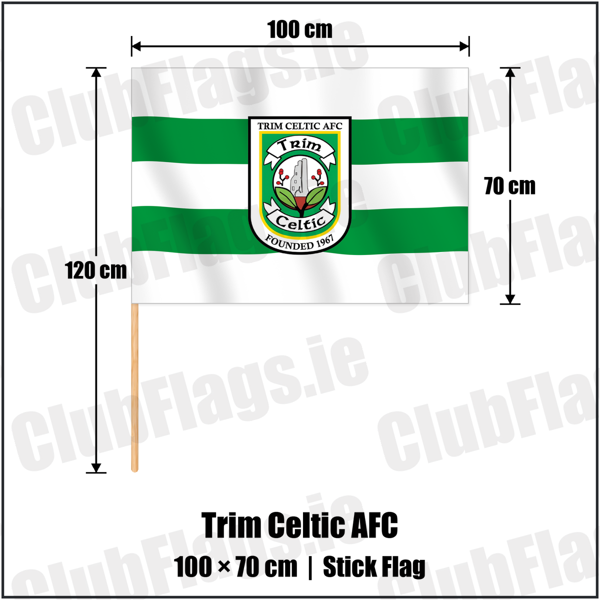 Trim Celtic AFC 70cm x 100cm Stick Flag with the club crest and colours, Meath Football - ClubFlags.ie