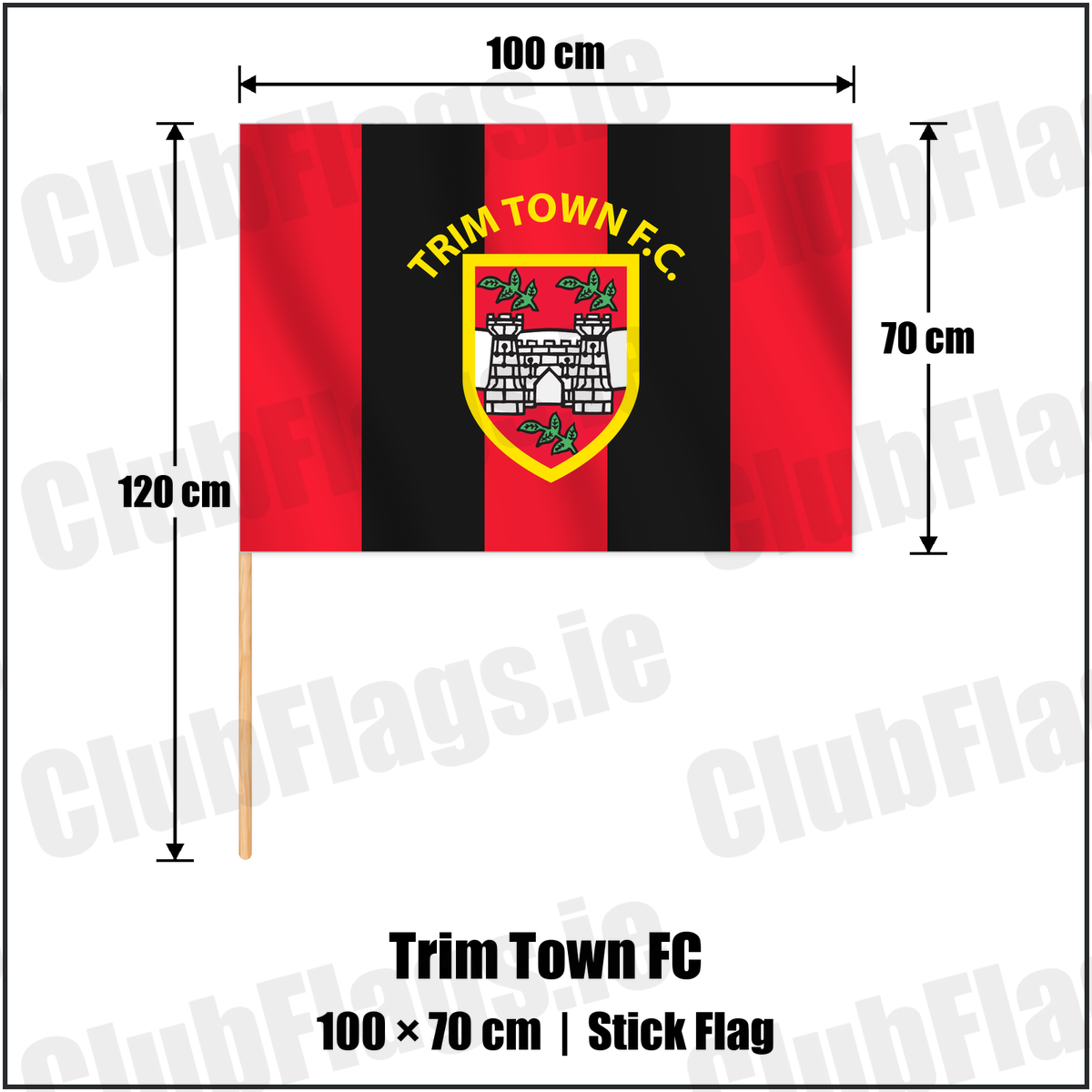 Trim Town FC 70cm x 100cm Stick Flag with the club crest and colours, Meath Football - ClubFlags.ie