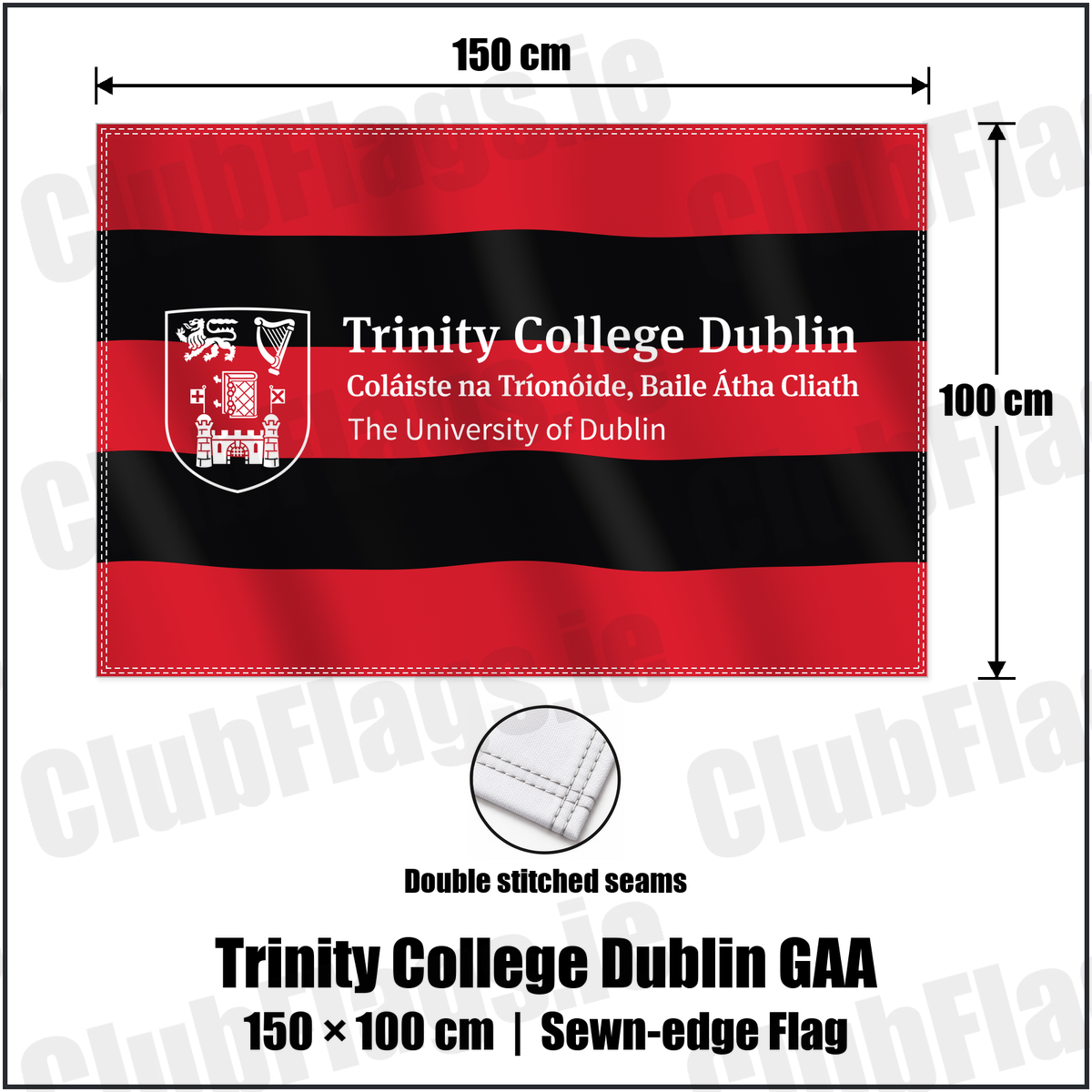 Trinity College Dublin GAA 100cm x 150cm Flag (sewn on the edges) with the club crest and colours, Dublin GAA - ClubFlags.ie