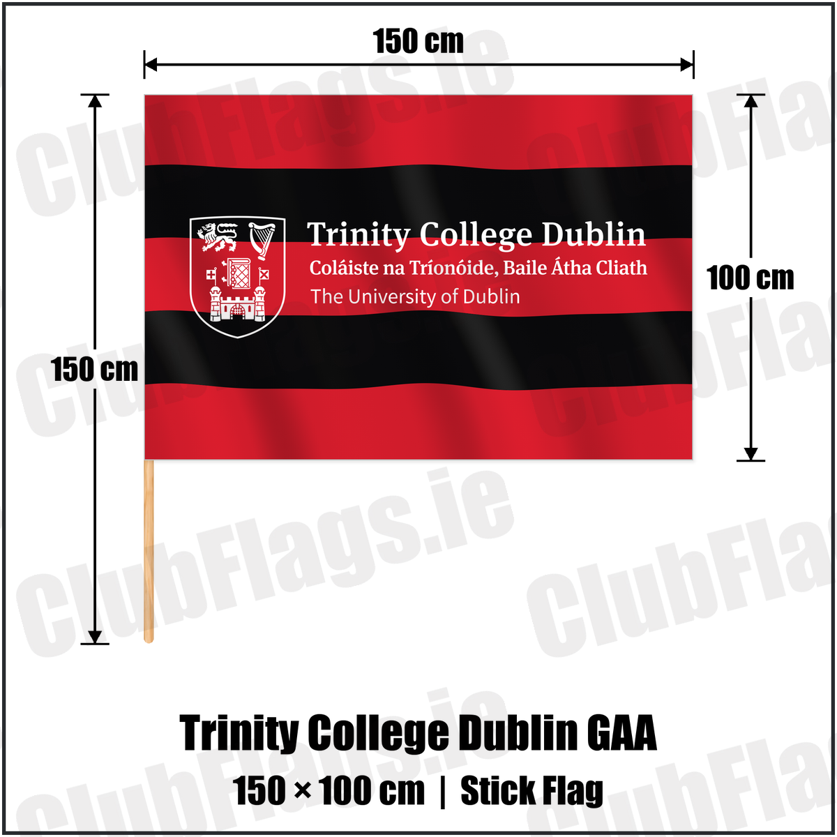 Trinity College Dublin GAA 100cm x 150cm Stick Flag with the club crest and colours, Dublin GAA - ClubFlags.ie