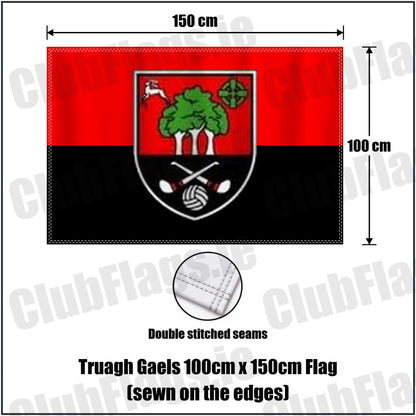 Truagh Gaels 100cm x 150cm Flag (sewn on the edges) in red and black, featuring the club crest on realistic fabric with gentle vertical folds; County Monaghan GAA. ClubFlags.ie.