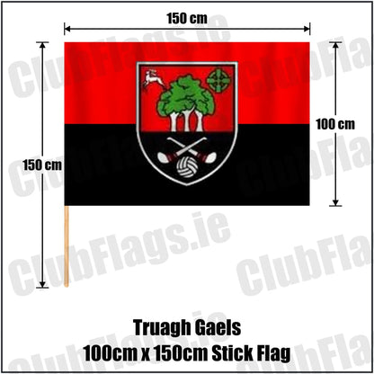 Truagh Gaels 100cm x 150cm Stick Flag in red and black, featuring the club crest on realistic fabric with gentle vertical folds; County Monaghan GAA. ClubFlags.ie.