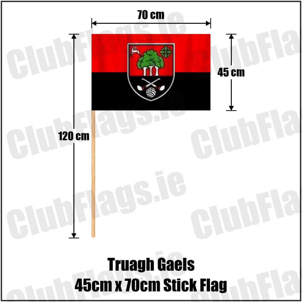 Truagh Gaels 45cm x 70cm Stick Flag in red and black, featuring the club crest on realistic fabric with gentle vertical folds; County Monaghan GAA. ClubFlags.ie.