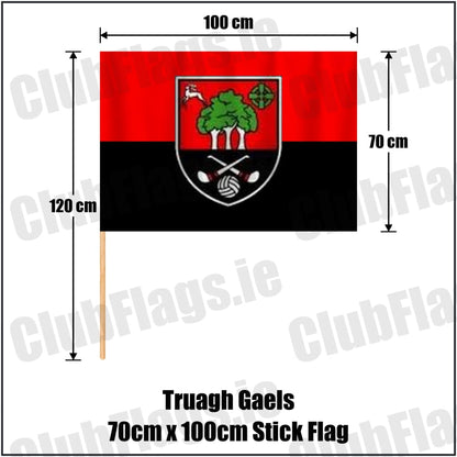 Truagh Gaels 70cm x 100cm Stick Flag in red and black, featuring the club crest on realistic fabric with gentle vertical folds; County Monaghan GAA. ClubFlags.ie.