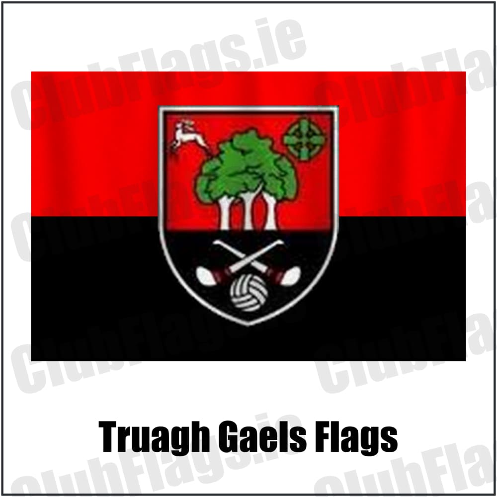 Truagh Gaels Flags in red and black, featuring the club crest on realistic fabric with gentle vertical folds; County Monaghan GAA. ClubFlags.ie.
