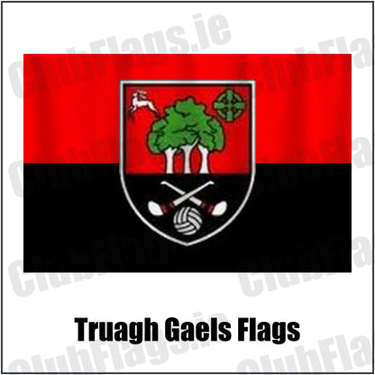 Truagh Gaels Flags in red and black, featuring the club crest on realistic fabric with gentle vertical folds; County Monaghan GAA. ClubFlags.ie.