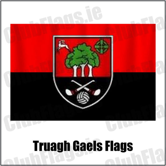 Truagh Gaels Flags in red and black, featuring the club crest on realistic fabric with gentle vertical folds; County Monaghan GAA. ClubFlags.ie.