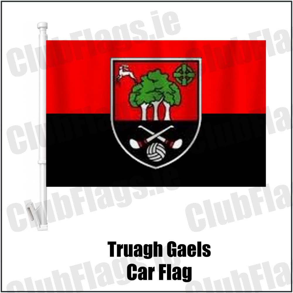 Truagh Gaels Car Flag in red and black, featuring the club crest on realistic fabric with gentle vertical folds; County Monaghan GAA. ClubFlags.ie.