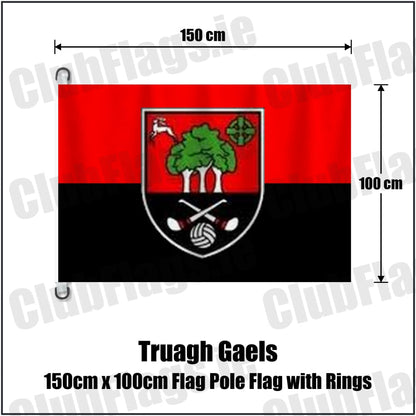 Truagh Gaels 150cm x 100cm Flag Pole Flag with Rings in red and black, featuring the club crest on realistic fabric with gentle vertical folds; County Monaghan GAA. ClubFlags.ie.