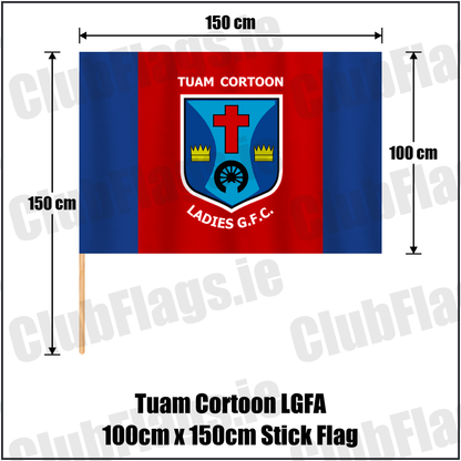 Tuam Cortoon LGFA 100cm x 150cm Stick Flag, featuring the club crest and royal blue and red colours; County Galway ladies Gaelic football. ClubFlags.ie.