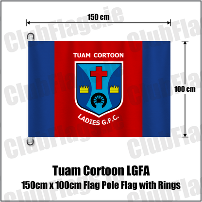 Tuam Cortoon LGFA 150cm x 100cm Flag Pole Flag with Rings, featuring the club crest and royal blue and red colours; County Galway ladies Gaelic football. ClubFlags.ie.