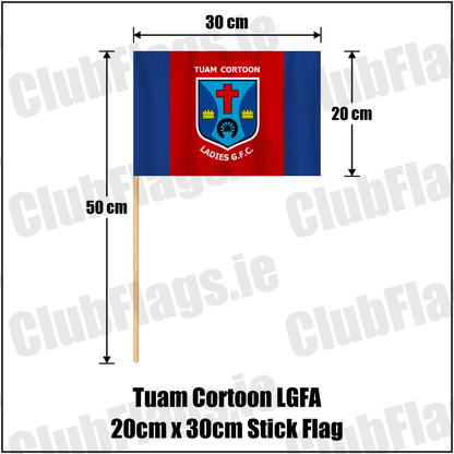 Tuam Cortoon LGFA 20cm x 30cm Stick Flag, featuring the club crest and royal blue and red colours; County Galway ladies Gaelic football. ClubFlags.ie.