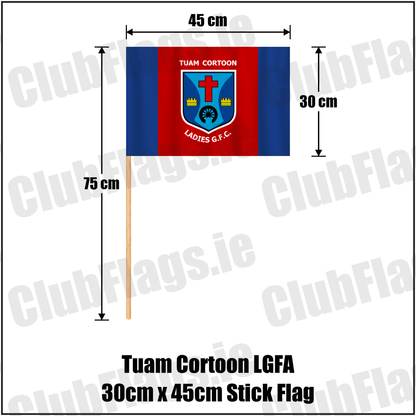 Tuam Cortoon LGFA 30cm x 45cm Stick Flag, featuring the club crest and royal blue and red colours; County Galway ladies Gaelic football. ClubFlags.ie.